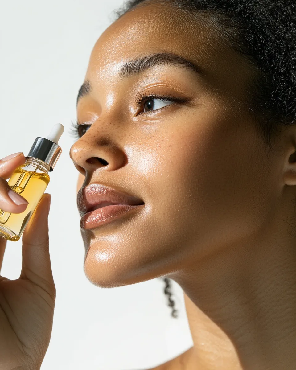 Woman with glowing skin and holding a serum at Maven Aesthetics