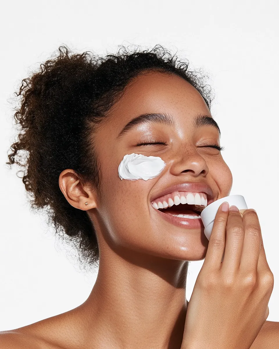 Woman with glowing skin and facial cream streak, holding sponge in Plantation, FL