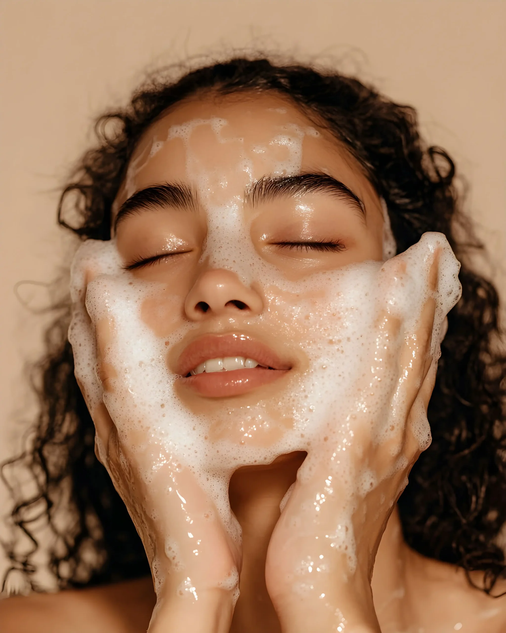 Woman washing face with foaming cleanser at Maven Aesthetics studio