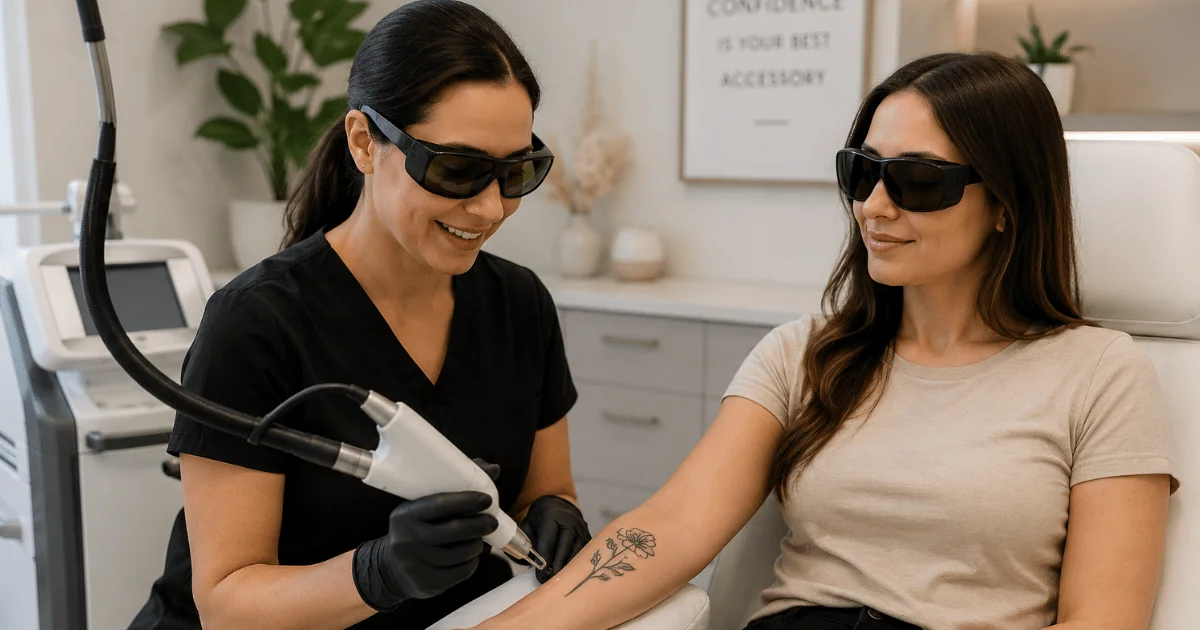 Provider performing tattoo removal procedure on client in med spa