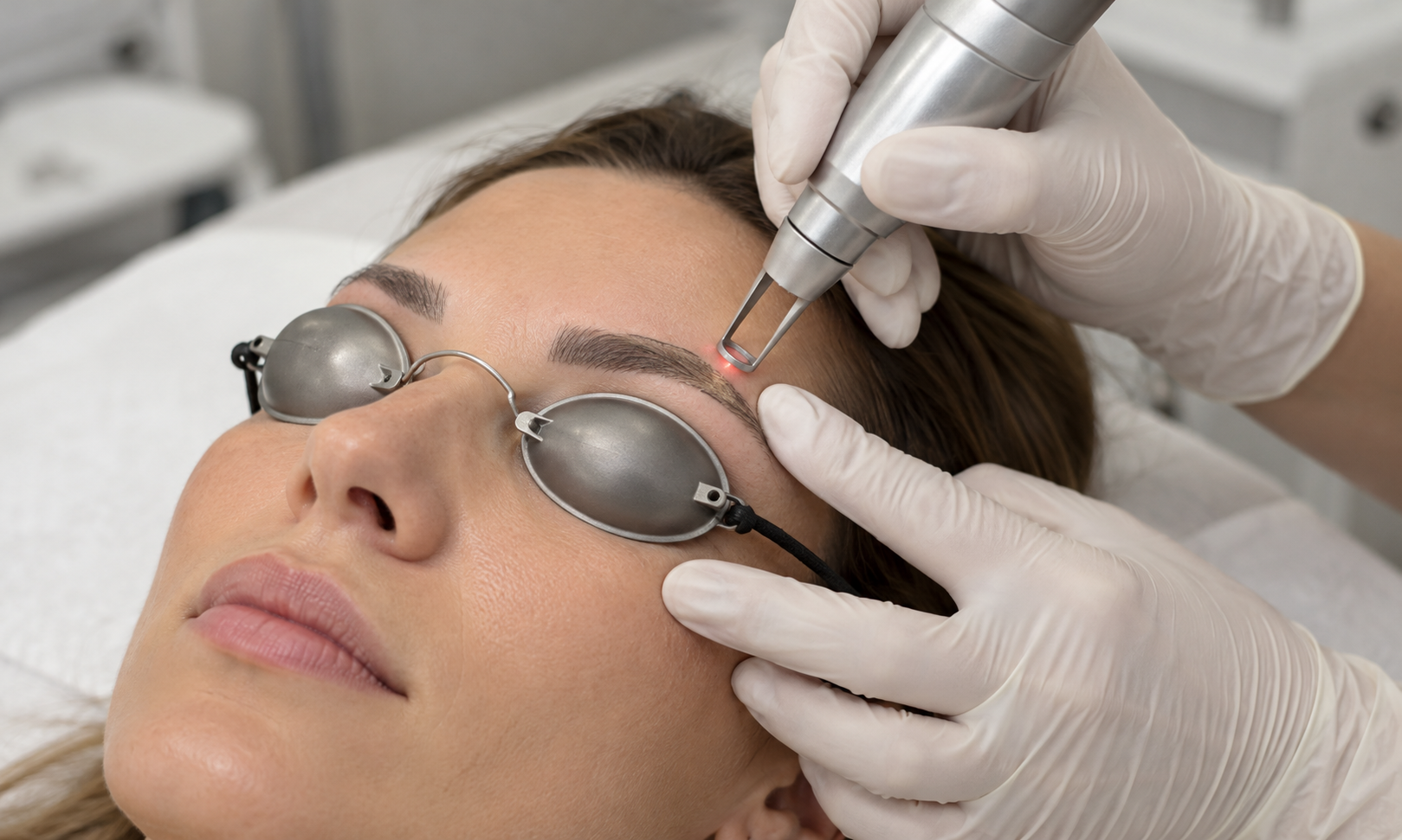 Provider performing a careful laser eyebrow tattoo assessment on a patient with melanin-rich skin wearing protective eye shields